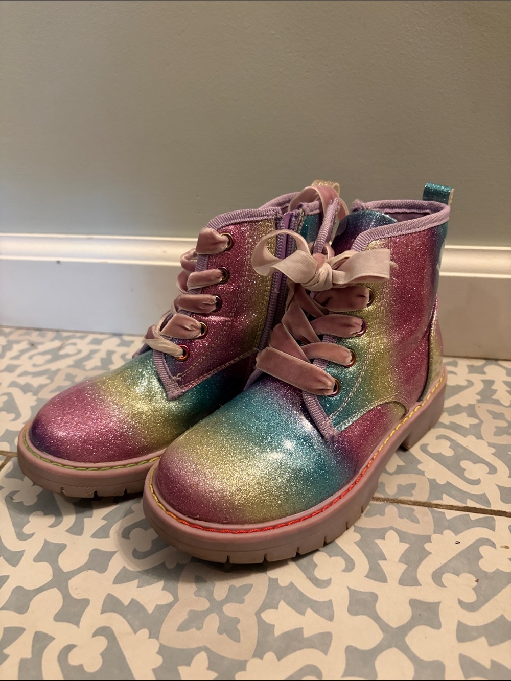 Kids Glitter Rainbow Lace-Up Boots - Multicolor